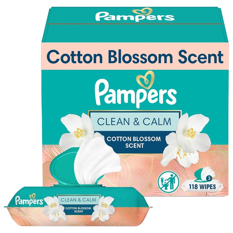Pampers Wipes, Clean & Calm, Cotton Blossom Scent, 168 Wipes Total (3X Pop-Top Packs) - Image 1